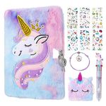 FRIUSATE Unicorn Secret Diary for Girls, Unicorn Lockable Diary Plush Unicorn Notebook Journal Fun Lockets Secret Diary Journal Kids Stationery Gifts with Wallet Pen Stickers Bracelet Aged 6-13