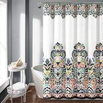 Lush Decor Navy and Tangerine Clara Shower Curtain-Fabric Colorful Boho Paisley Damask Print Design, 72 x 72