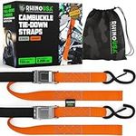 Rhino USA Motorcycle Tie Down Straps (2 Pack) Lab Tested 3,328lb Break Strength, Steel Cambuckle Tiedown Set with Integrated Soft Loops - Better Than a Ratchet Strap (Orange 2-Pack)