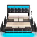 Rolanstar Queen Size Bed Frame with LED Lights and Charging Station, PU Leather Bed Storage Headboard & Drawers, Heavy Duty Wood Slats, Easy Assembly, Black