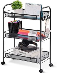 TOOLF 3-Tier Metal Rolling Cart, Mesh Wire Easy Assemble Utility Cart, Storage Trolley on Wheels with 3 Hooks, MetalStorage Shelving Units for Kitchen Bathroom Laundry Room