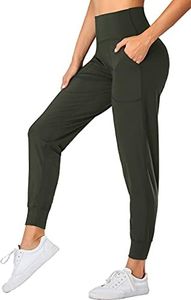 Oalka Women's Joggers High Waist Yoga Pockets Sweatpants Sport Workout Pants, Dark Olive, Medium