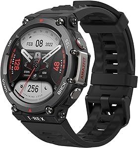 Amazfit T-Rex 2 47mm Rugged Smart Watch, Military Certified, GPS, Battery Life 24 Days, Pacer, Altitude, 10 ATM Water Resistant (Black)