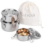 Belle Vous Stainless Steel Lunch Box Set with Bag (3 Pack) - Leak-Proof Food Containers Suitable for Snacks, Fruit, Cereal, Soups & Meals - BPA-Free