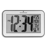 Marathon Atomic Wall Clock, Silver - Large 9-Inch Display - AM/PM or 24-Hour Time, 8 Time Zones, Indoor Temperature, Day & Date - Two AA Batteries Included