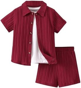 SweatyRocks Boy's 2 Piece Outfits Short Sleeve Collar Button Down Shirt and Shorts Clothing Set Burgundy 7Y