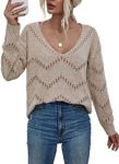 EVALESS Women's Crochet Sweater V Neck Long Sleeve Hollow Out Pullover Tunic Tops Fall Winter Outfits Fashion 2024, Khaki Small Size