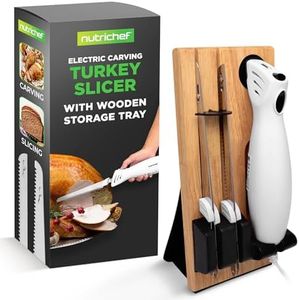 NutriChef Electric Carving Turkey Slicer Kitchen Knife | For Thanksgiving | Portable Electrical Food Cutter Knife Set with Carve Blades & Wood Stand | Cuts Meat, Bread, Cheese & Fruit | White