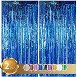 2 Pack Foil Fringe Curtain,Blue Tinsel Metallic Curtains Photo Backdrop for Wedding Engagement Bridal Shower Birthday Bachelorette Party Stage Decor(3.28 ft x 6.56 ft)