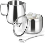 Sugar and Creamer Set,Sugar Container and Milk Frothing Pitcher for Coffee Bar Stainless Steel Sugar Bowl with Lid and Spoon for Espresso Machine Accessories (Silver)