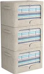 3 Pack Clothes Storage Bins - Foldable Metal Frame Storage Box - Stackable Linen Fabric Organizer Set with Carrying Handles and Clear Window (Beige, 19.7x15.7x12.6inch(66L))