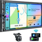 SJoyBring Wireless Double Din CarPlay, Android Auto, 7" HD Capacitive Touchscreen, Car Stereo with Backup Camera, Bluetooth, Steering Wheel Controls, Mirror-Link, USB/SD Port, AM/FM Car Radio Receiver