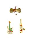 Jahnavi Laddu Gopal Ji Toys Bat & Ball (Cricket), Tennis/Badminton Racket and Guitar Combo Saver Sports Set Golden & Diamond for Krishna Idol (Metallic Ladoo Gopal Toys)