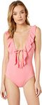 Becca by Rebecca Virtue Women's Socialite Ruffle Plunge One Piece Swimsuit - Pink - Large