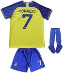 MARETOO #7 Home NASSR Riyadh Al Kids Soccer Jersey & Shorts Set Youth Sizes (Blue/Yellow,28)