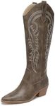 Amoji Women Western Cowboy Boots Tall Cowgirl Knee High Wide Calf Boots Pointed Square Toe Pull On With Zipper FZ307 Brown Size 10