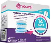 (1, 12 bag pack variable sizes) - Vacwel Storage Bags, Vacuum Compress & Ziplock to Save Space for Clothing Storage. Vacuum Bags sized Jumbo, Large & Medium + 4 Roll Up No Vacuum Compression bags. (12 Space Saver Bags, 1 Travel pump)