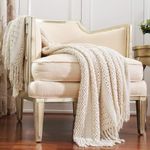 CREVENT Farmhouse Knit Throw Blanket for Couch Sofa Chair Bed Home Decoration, Soft Warm Cozy Light Weight (127cmX152cm Beige/Ivory)