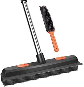 Conliwell Rubber Broom Pet Hair Removal Tool, Carpet Rake Floor Brush with Squeegee Fur, Portable Detailing Lint Remover Brush, Soft Push Broom for Fluff Carpet, Hardwood Floor, Tile, Window