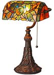 HT Tiffany Style Banker Desk Lamp Crystal Dragonfly Stained Glass Shade Resin Base Traditional Handmade Fixture Lighting for Living Room Bedroom Bedside Nightstand Study The Office