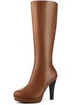 Allegra K Women's Chunky Heel Round Toe Platform Brown Knee High Boots 7 M US