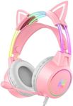 Lightweight Gaming Headsets with Removable Cat Ears,Gradient RGB Light, Wired Over- Ear Headphones for PC/PS4/PS5/XBOX/Switch, Virtual Surround Sound & Noise Cancelling Mic, Auto-Adjust Headband, Pink