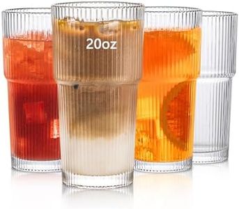 INSETLAN 20oz Ribbed Glass Tumbler Set of 4 – Large Capacity Drinking Glasses for Iced Coffee, Water, Juice, and Cocktails – Elegant Modern Glassware for Everyday Use and Special Occasions