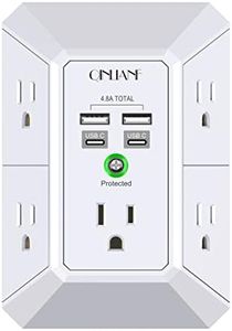 USB Wall Charger, Surge Protector, QINLIANF 5 Outlet Extender with 4 USB Charging Ports (4.8A Total) 3-Sided 1680J Power Strip Multi Plug Outlets Wall Adapter Spaced for Home Travel Office(2U2C),White