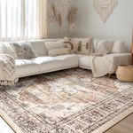 BESTSWEETIE Area Rug 9x12 Rugs for Living Room 9 x 12 Washable Rugs Non Slip Vintage Boho Living Room Rugs for Bedroom Dining Room, Distressed Floral Pattern Carpet, Neutral Brown Earth Tones