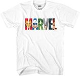 Marvel Mens Comics Group Shirt - Spiderman, Ironman, Captain America & Hulk Tee - Throwback Classic T-Shirt (White Logo, XX-Large)