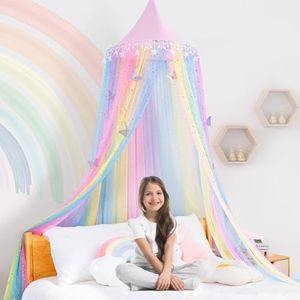 STAOLENE Rainbow Bed Canopy for Girls Bedroom Decor Netting with Butterfly Fairy Princess Round Dome Canopy for Kids Bed Hanging Mosquito Net Reading Nook Canopy for Full Crib Twin Queen