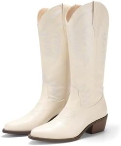 Coutgo Womens Cowboy Boots Mid Calf Chunky Heel Embroidered Western Boots