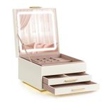 SONGMICS Jewelry Box with Mirror and LED Lights, 3-Tier Jewelry Storage Organizer, Cream White and Gold UJBC169W01