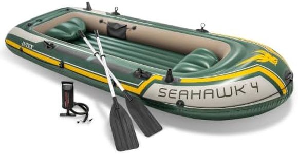 INTEX 68351EP Seahawk 4 Inflatable Boat Set: Includes Deluxe 54in Aluminum Oars and High-Output Pump – SuperStrong PVC – Fishing Rod Holders – 4-Person – 1050lb Weight Capacity