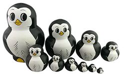 Set of 10 Animal Theme Penguin Chubby Stacking Toy Russian Doll Handmade Wooden Toy for Kids Nursery Room Decor