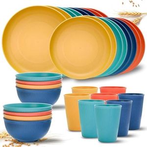 Wheat Straw Dinnerware Sets for 8, HOMIEST 32PCS Unbreakable Reusable Plastic Dinner Plates Dessert Plates Bowls Cups Set, Dishwasher Microwave Safe Dishes Set for Camping RV Kitchen Dorm (Multicolor)
