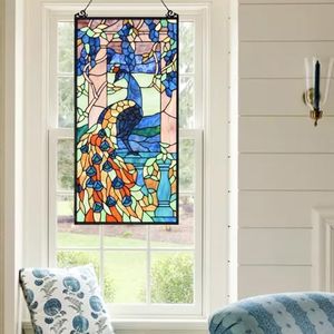 Fine Art Lighting - Handmade Tiffany Style Stained Glass Window Panel (KP315N), Peacock Bird Design Suncatcher Decoration, Hanging Chain Included, Size: W14 x H28