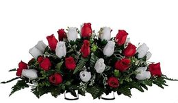 NiXcon Large Artificial Roses Cemetery Flowers - Realistic - Outdoor Grave Decorations - Non-Bleed Colors - Saddle for Headstone,Outdoor Tombstone Memorial Decorations, Easy Fit (Red White)