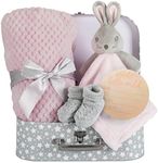 Hoolaroo Newborn Baby Girl Gifts Set New Baby Hampers Present For Baby Girl Unique Suitcase Memory Box Cute Soft Milestone Pink Bunny Comforter Blanket