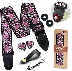 Art Tribute Guitar Strap For Acoustic, Electric and Bass Guitar, Adjustable Pink Woven Strap W/FREE BONUS 2 Picks + Strap Locks + Strap Button. Gift Set For Men & Women Guitar Players