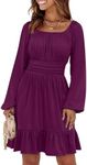 ANRABESS Womens Dress Long Lantern Sleeve Square Neck Elastic Waist Ruffle Flowy Swing A-Line Short Dresses 2024 Fall Fashion Deep Purple X-Large