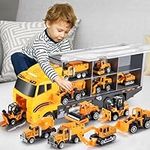 TEMI Toddler Toys for 3 4 5 6 Years Old Boys, Die-cast Construction Toys Car Carrier Vehicle Toy Set w/Play Mat, Kids Toys Truck Alloy Metal Car Toys Set for Age 3-9 Toddlers Kids Boys & Girls