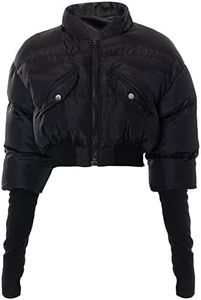 Flygo Womens Cropped Puffer Jacket Long Sleeve Thumbhole Padded Bubble Coat Y2K Bomber Jacket (Black-S)