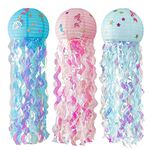 Mermaid Hanging Jellyfish Paper Lanterns Kit,3 Pack Colors Wish Paper Lanterns with Bright Strip Decoration and Mermaid Stickers,for Girls Birthday, Baby Room, Bedroom, Ocean Theme Party Decoration