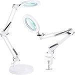 LED Magnifying Glass with Light 5X,Adjustable Swing Arm Lamp, Dimmable Architect Desk Lamp/Task Lamp, 3 Lighting Colors & 10 Brightness Levels for Close Work, Repair, Crafts, Reading,Sewing-White