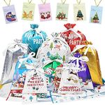 35PCS Christmas Drawstring Gift Bags with Tags, Assorted Sizes Foil Gift Wrapping 10 Different Designs Small Medium Jumbo for Kids, Boys, Girls, Xmas Goody Present Holiday Party Decorations Supplies