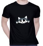 CreativiT Graphic Printed T-Shirt for Unisex Cute Peeking Cat Tshirt | Casual Half Sleeve Round Neck T-Shirt | 100% Cotton | D00035-59_Black_Medium