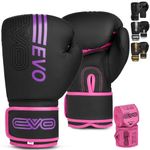 EVO Fitness Matte Black Boxing Gloves MMA Muay Thai Martial Arts Kick Boxing Sparring Training Fighting Men Punch Bag Women Pink Gloves With Hand Wraps (8 OZ, Pink)