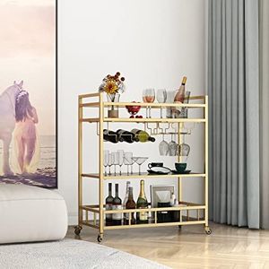 LORMITER Bar Cart Gold with Bottle Storage and Wine Glass, Rolling Serving Bar Cart on Wheels Indoor & Outdoor, Patio, Gold Kitchen Serving Cart for Party(3-Tier)