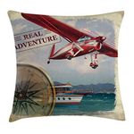 Ambesonne Adventure Throw Pillow Cushion Cover, Real Adventure Quote with Coastline and a Red Airplane Journey Travel Themed Art, Decorative Square Accent Pillow Case, 20 X 20 Inches, Multicolor